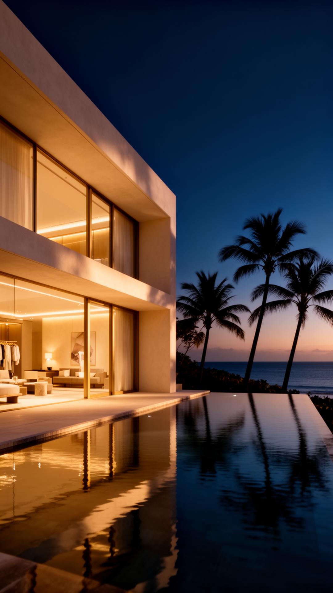 Boutique oceanfront hotel at dusk